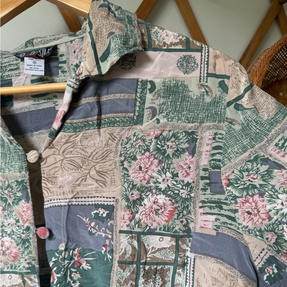 Vintage Silk Floral Patchwork Button Down Shirt - image 4